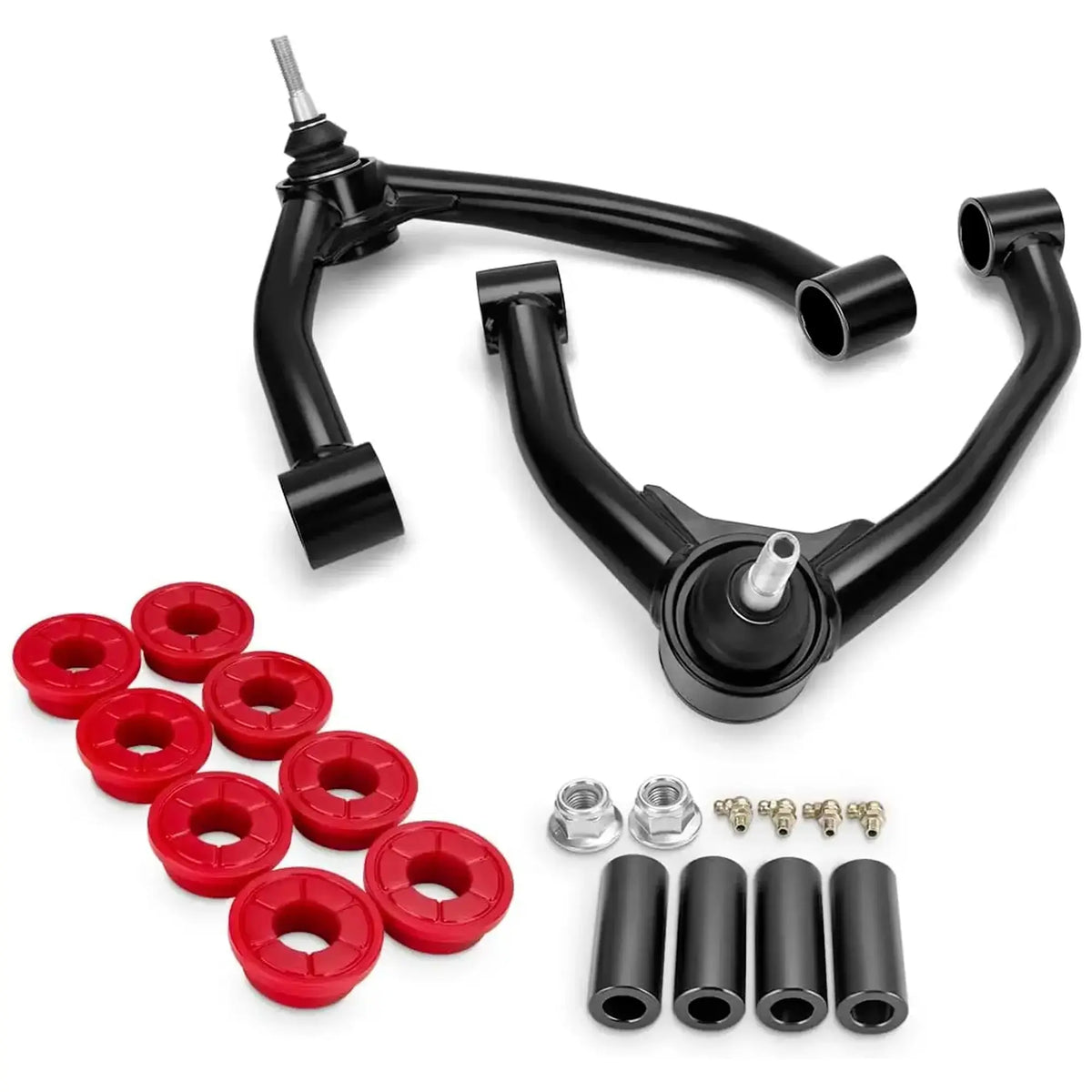 Automotive suspension components including a black control arm, red bushings, and metal parts for 2007-2018 Chevy Silverado GMC Sierra 1500