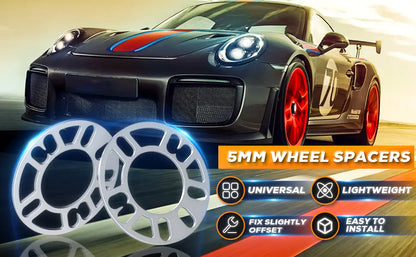Car with 5mm wheel spacers displayed in front Dynofit Universal 5mm Wheel Spacers for 4 Lug & 5 Lug Wheels