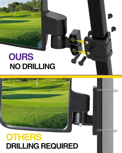 Golf Cart Side Mirrors – Universal Fit, No-Drill Folding Design, 180° Adjustable HD Glass for EZGO, Club Car, Yamaha TXT RXV DS Precedent G29