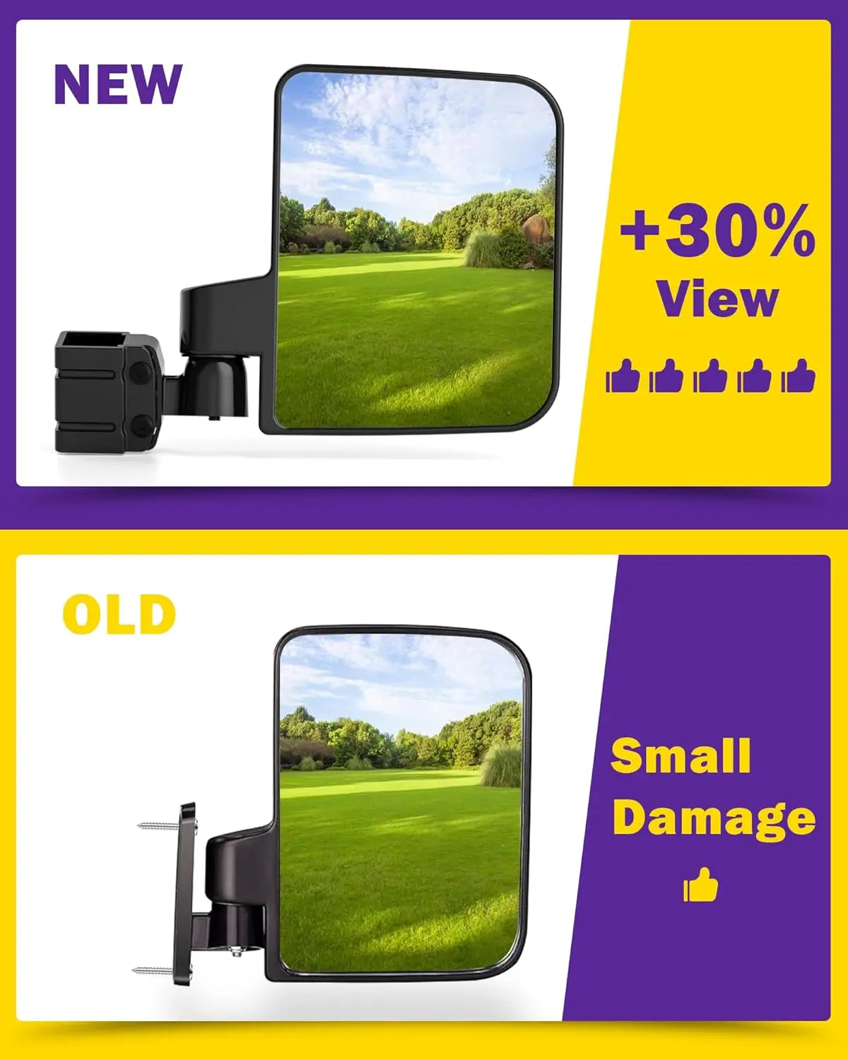 Golf Cart Side Mirrors – Universal Fit, No-Drill Folding Design, 180° Adjustable HD Glass for EZGO, Club Car, Yamaha TXT RXV DS Precedent G29