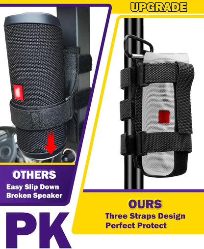 Upgraded Portable Bike & Golf Cart Speaker Mount – Adjustable Strap Fits JBL Charge 5, Compatible with EZGO Club Car Yamaha, ATV, UTV, Boat Railing