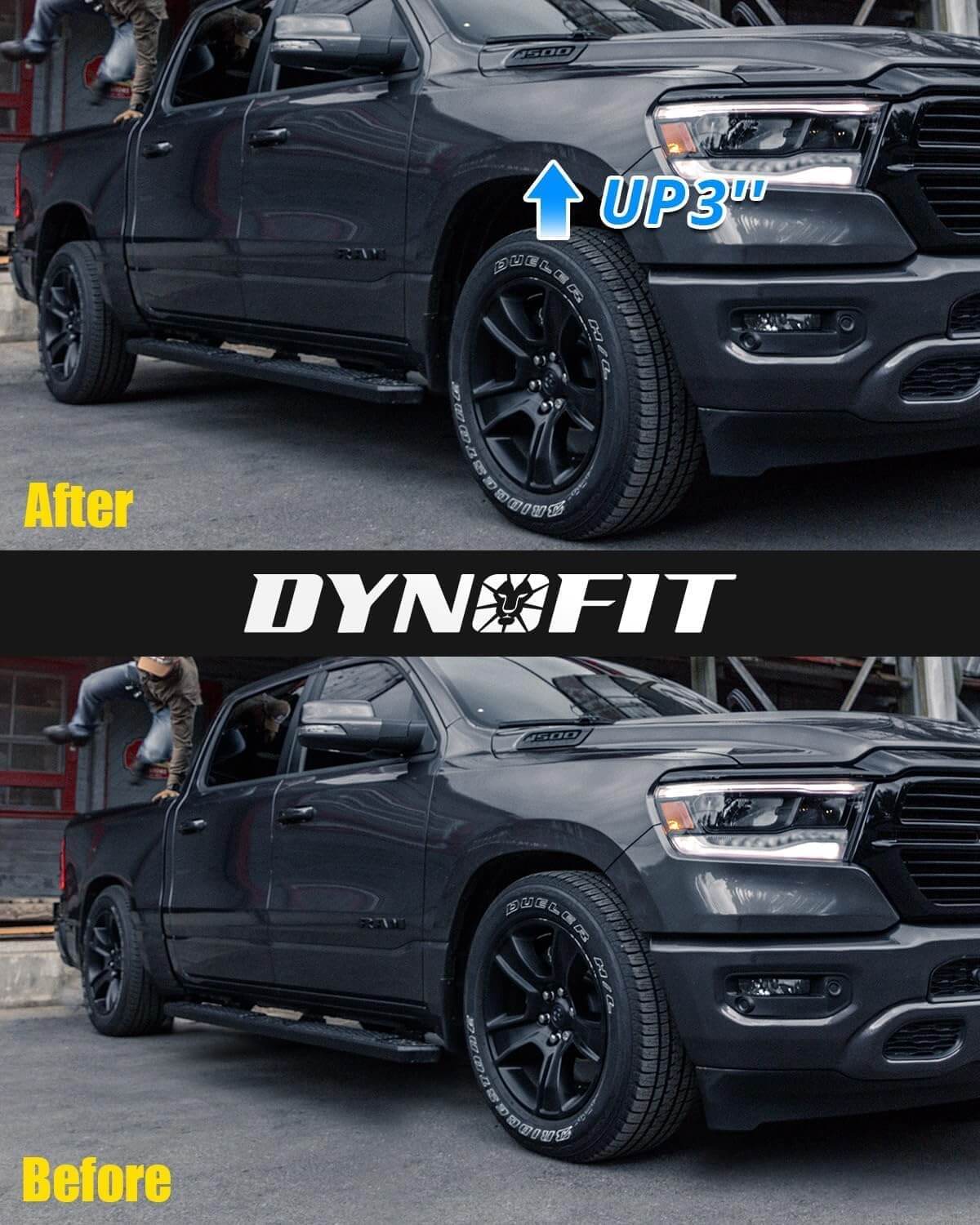 Dynofit 3" Front Leveling Lift Kit for 2006-2024 Dodge Ram 1500 4WD before and after