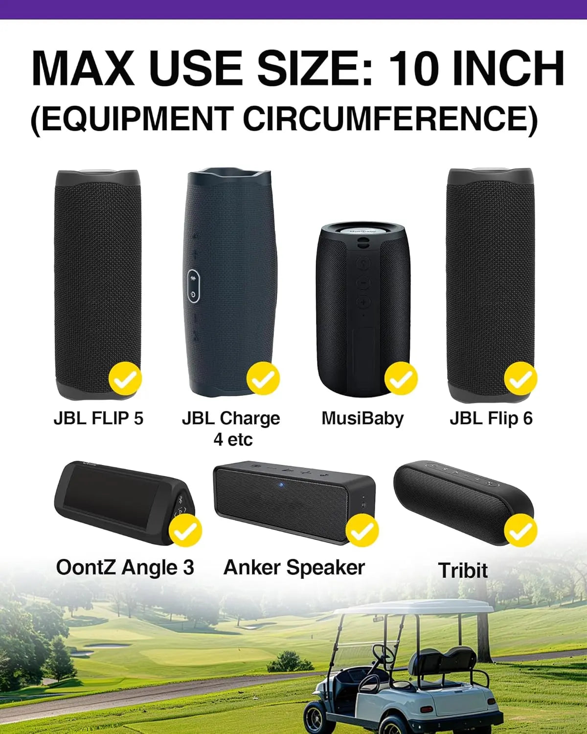 Upgraded Portable Bike & Golf Cart Speaker Mount – Adjustable Strap Fits JBL Charge 5, Compatible with EZGO Club Car Yamaha, ATV, UTV, Boat Railing