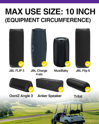 Upgraded Portable Bike & Golf Cart Speaker Mount – Adjustable Strap Fits JBL Charge 5, Compatible with EZGO Club Car Yamaha, ATV, UTV, Boat Railing