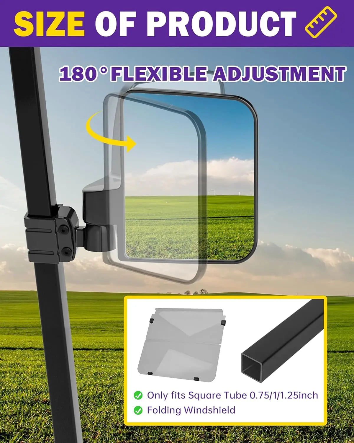 Golf Cart Side Mirrors – Universal Fit, No-Drill Folding Design, 180° Adjustable HD Glass for EZGO, Club Car, Yamaha TXT RXV DS Precedent G29