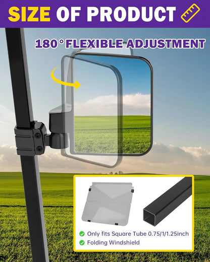 Golf Cart Side Mirrors – Universal Fit, No-Drill Folding Design, 180° Adjustable HD Glass for EZGO, Club Car, Yamaha TXT RXV DS Precedent G29