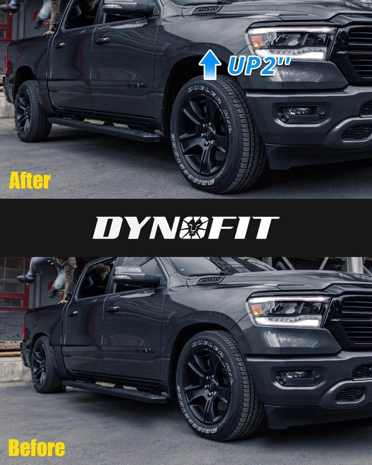 Dynofit 2.5" Front Leveling Lift Kit for 2006-2025 Dodge Ram 1500 before and after