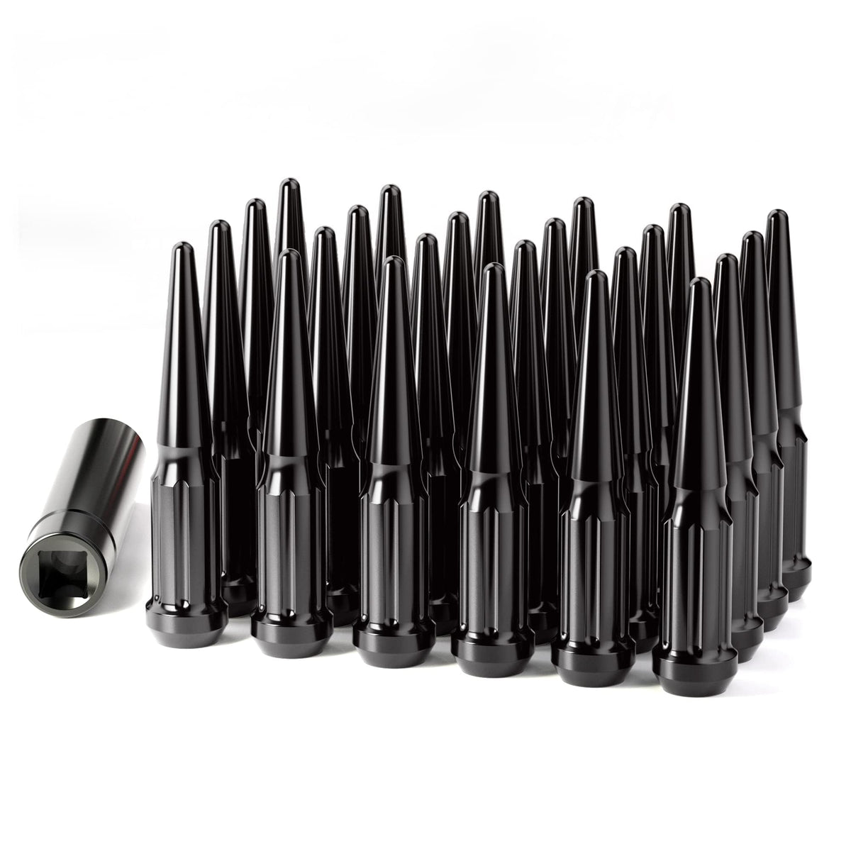 Dynofit M14 x 1.5 Spike Lug Nuts with Key, Black, 24-Pack