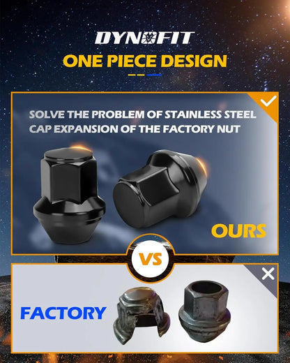 Dynofit one-piece design automotive cap with factory comparison on a space-themed background