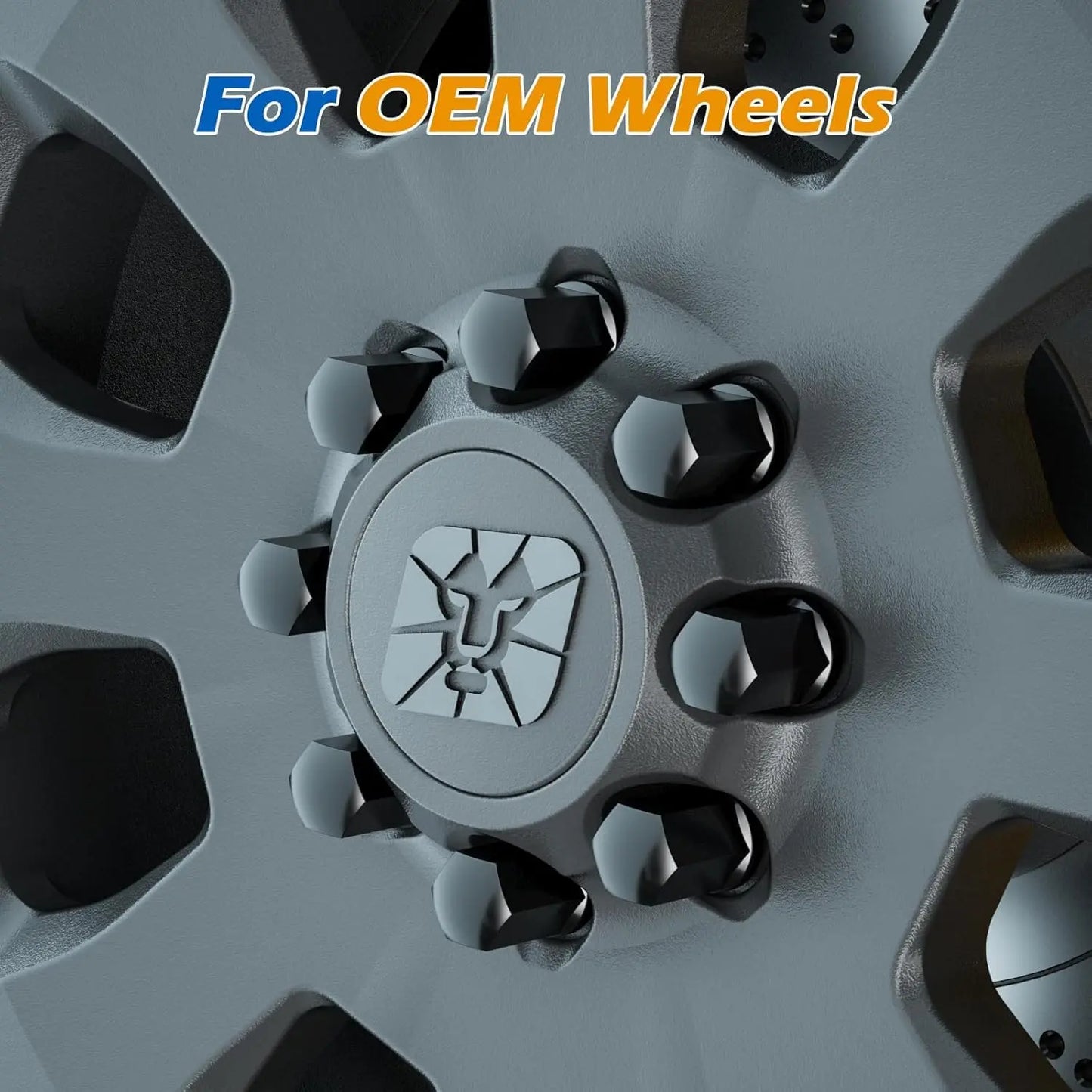 Close-up of a wheel hub cap with 'For OEM Wheels' text Dynofit