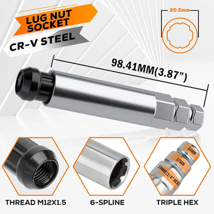 Dynofit M12x1.5 Wheel Spike Lug Nuts 3.35" Tall 20pcs+1key for Key Size