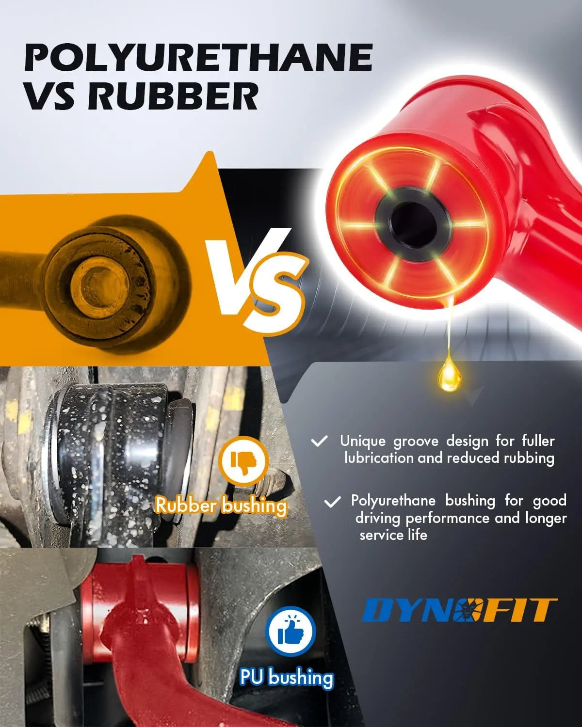 Comparison between polyurethane and rubber bushings with Dynofit branding.