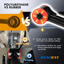 Comparison between polyurethane and rubber bushings with Dynofit branding.