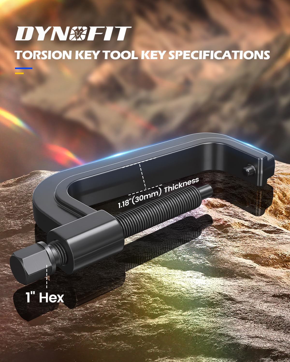 Torsion key tool specifications: 1.18 inch (30mm) C-frame thickness, 1 inch hex drive for heavy-duty use.