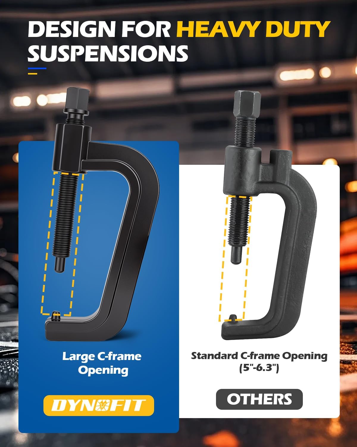 Large C-frame opening design for heavy duty suspensions compared to standard 5-6.3 inch openings from others.