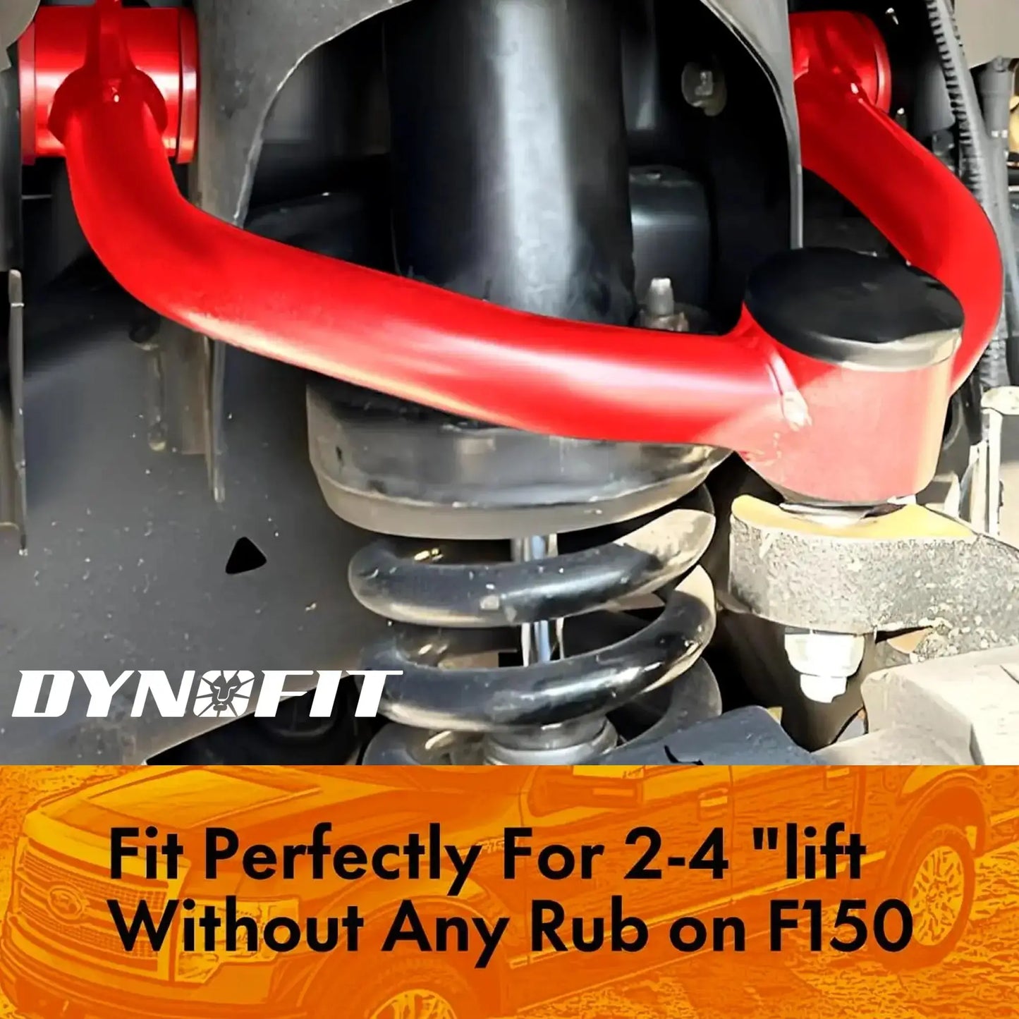 Close-up of a vehicle suspension system with Dynofit branding and text about F-150 fitment.