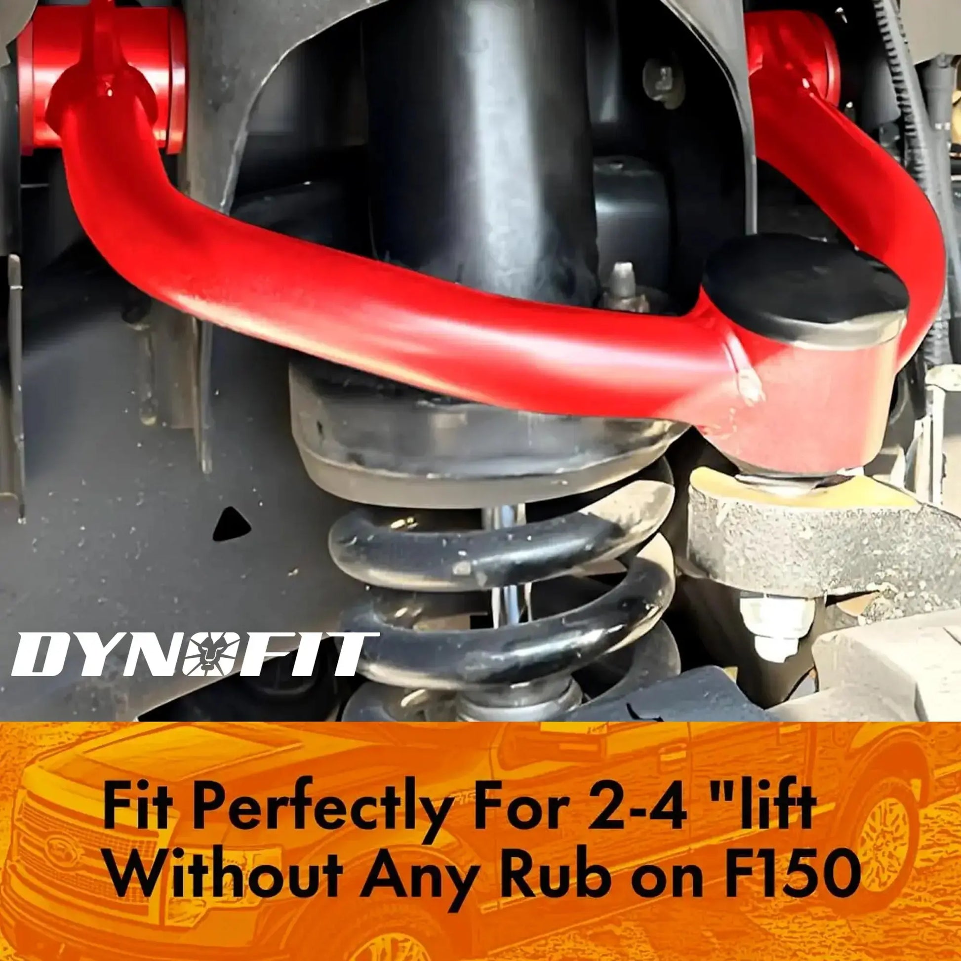 Close-up of a vehicle suspension system with Dynofit branding and text about F-150 fitment.