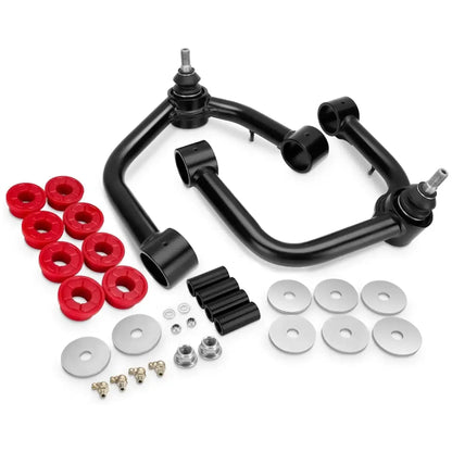 Dynofit Automotive suspension components including black metal parts, red washers, and metal washers on a white background.