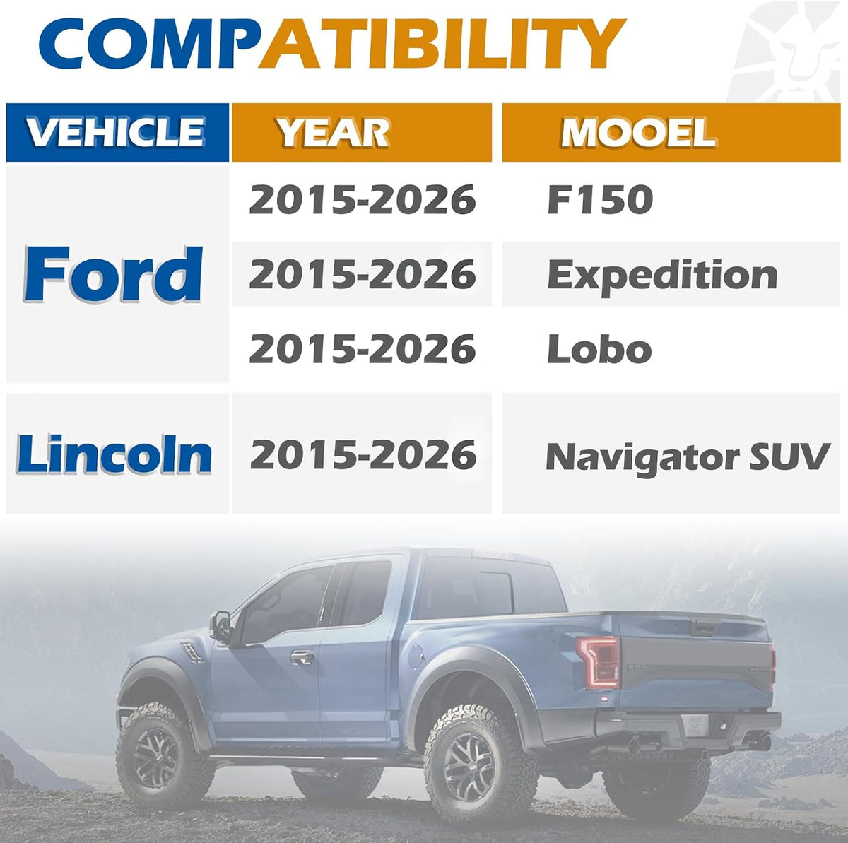 Compatibility chart for 2" 6x135 wheel spacers fitting 2015-2026 Ford F150, Expedition, Lobo, and Lincoln Navigator SUV.