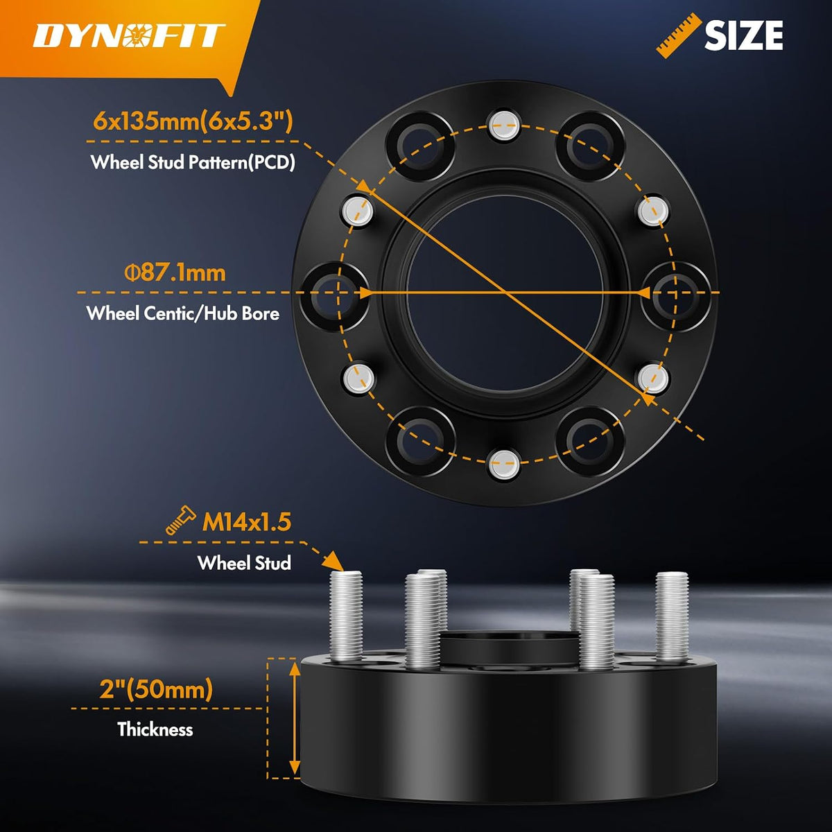 6x135mm PCD, 87.1mm hub bore, M14x1.5 studs, 2" (50mm) thickness specifications for Ford F150 hubcentric wheel spacers.