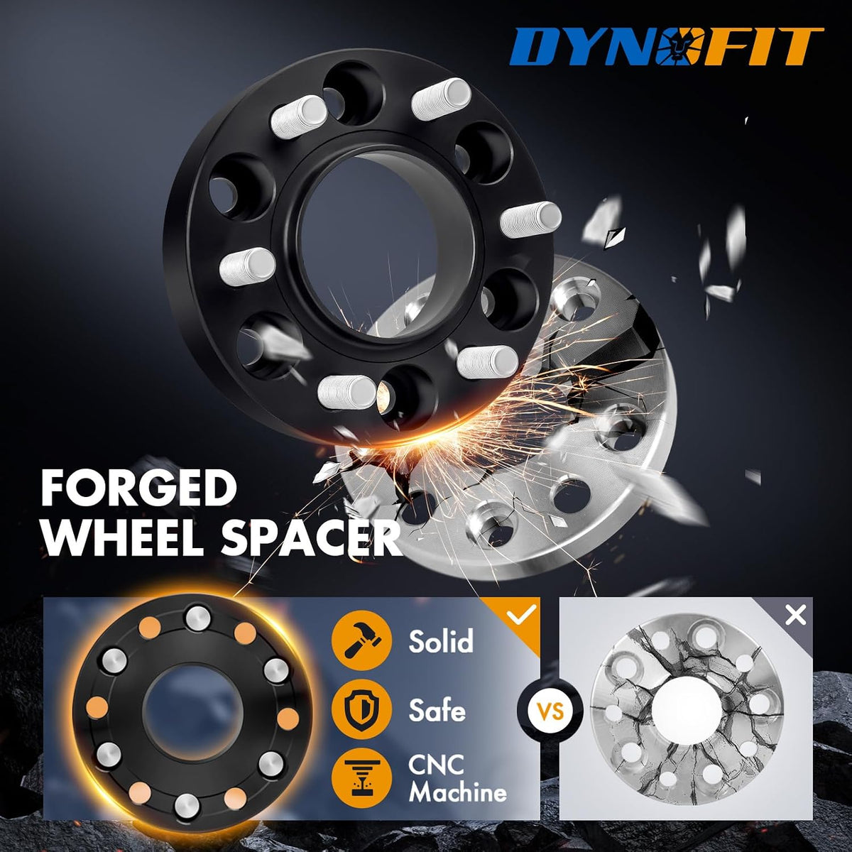 Forged and CNC machined solid wheel spacer comparison emphasizing safety and durability over cracked alternatives.