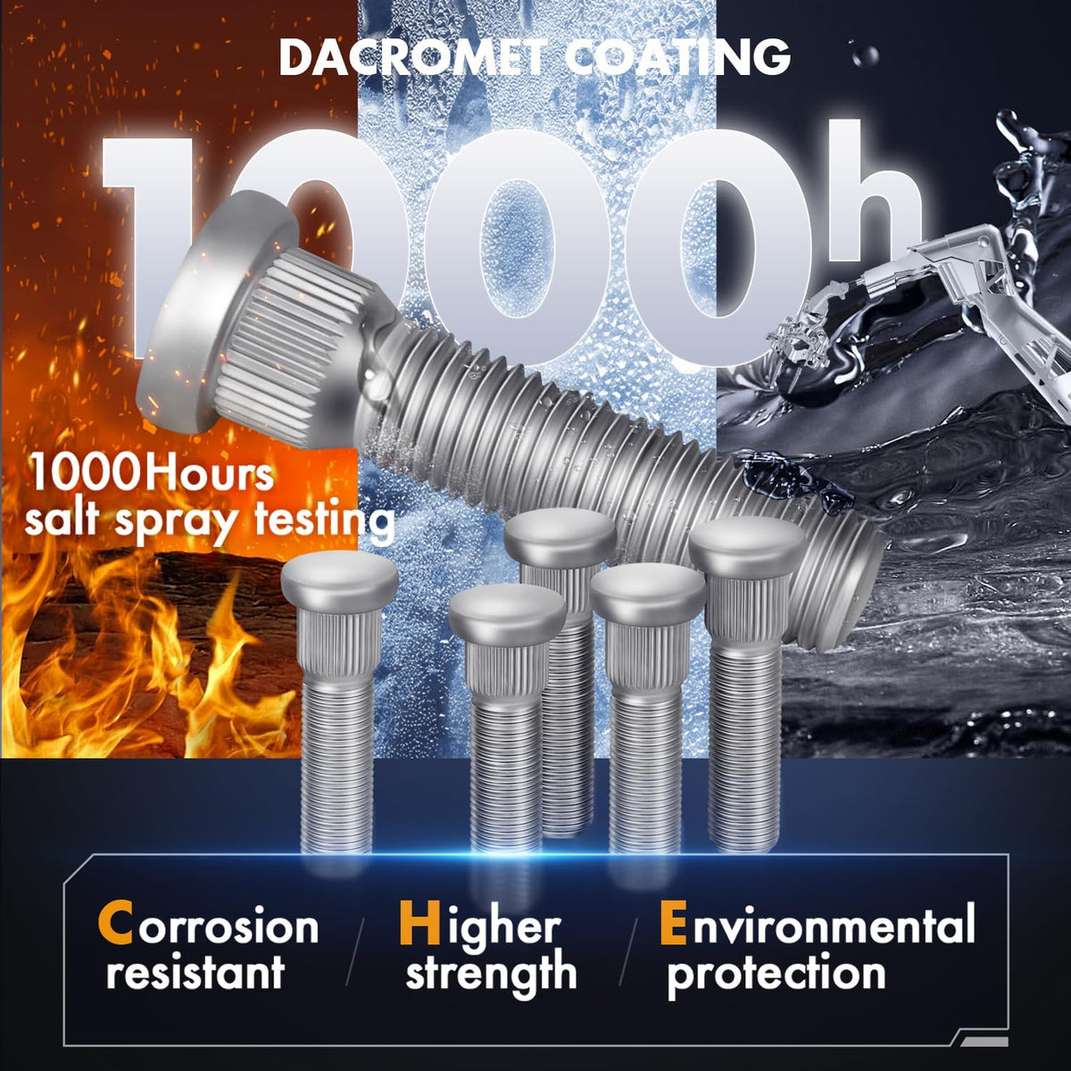 Dacromet coating on wheel studs withstanding 1000 hours salt spray testing for corrosion resistance and higher strength.