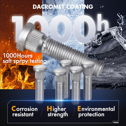 Dacromet coating on wheel studs withstanding 1000 hours salt spray testing for corrosion resistance and higher strength.