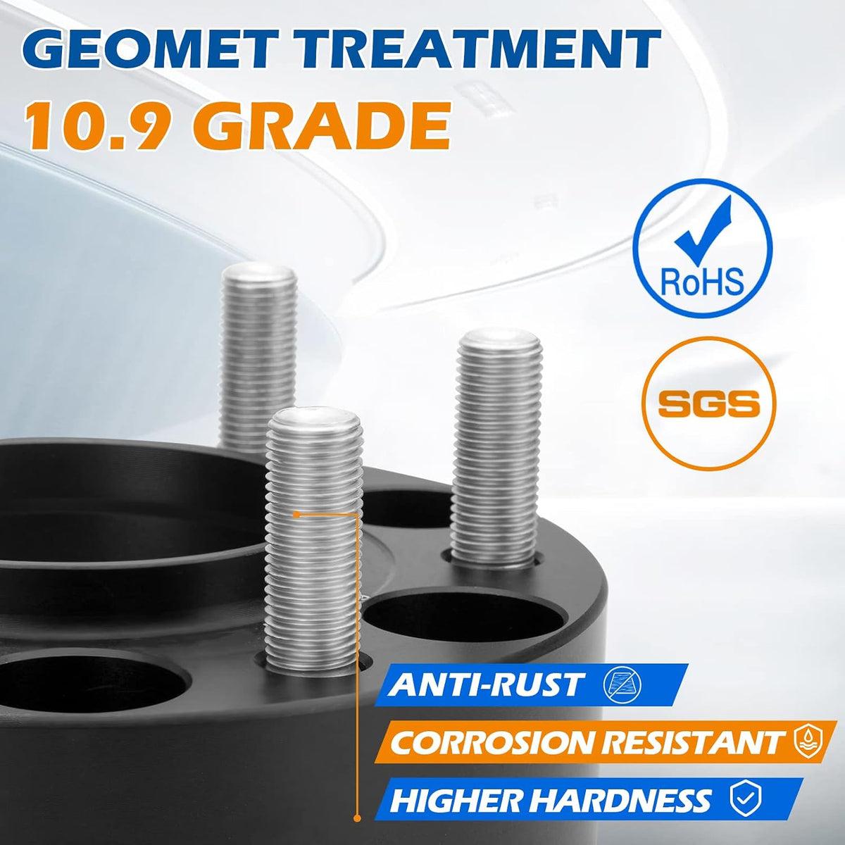 Geomet treatment 10.9 grade studs featuring anti-rust, corrosion resistance, and higher hardness with RoHS and SGS certification.