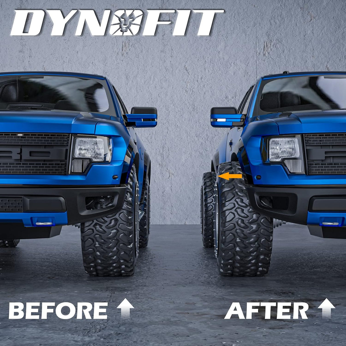 Before and after comparison showing wider stance and tire clearance improvement on Ford F150 using 2" 6x135 hubcentric wheel spacers.