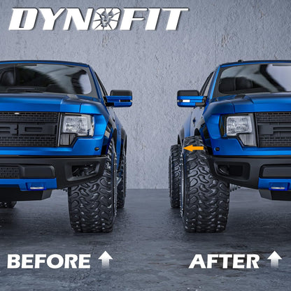 Before and after comparison showing wider stance and tire clearance improvement on Ford F150 using 2" 6x135 hubcentric wheel spacers.