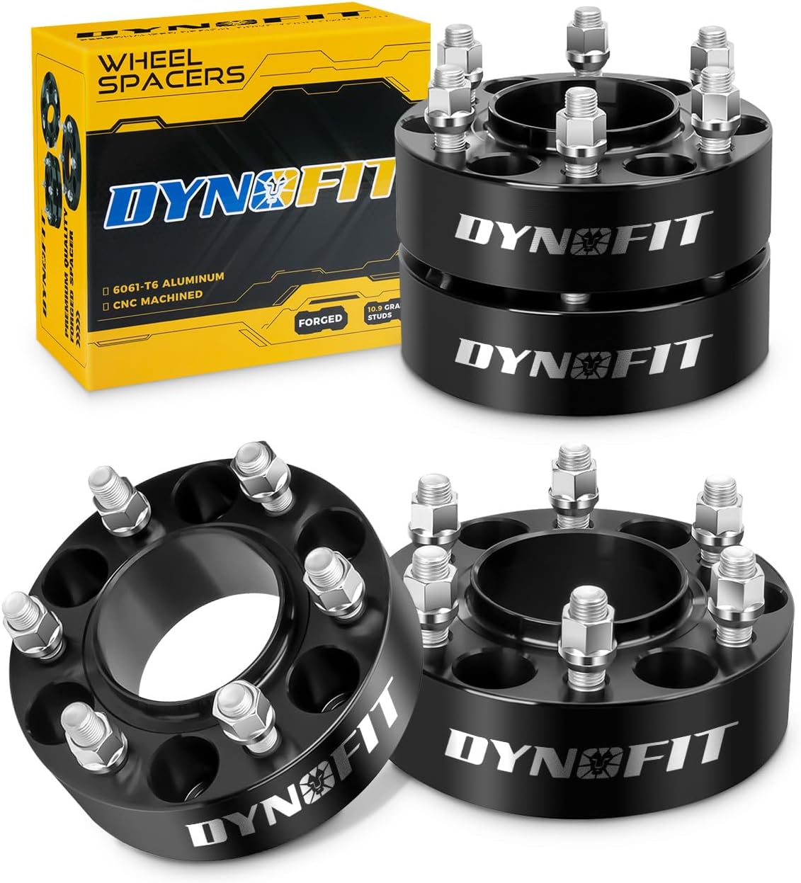 4 Pcs 2" 6x135 HubCentric Wheel Spacers for 2015-2026 Ford F150, forged 6061-T6 aluminum with M14x1.5 studs and yellow packaging.