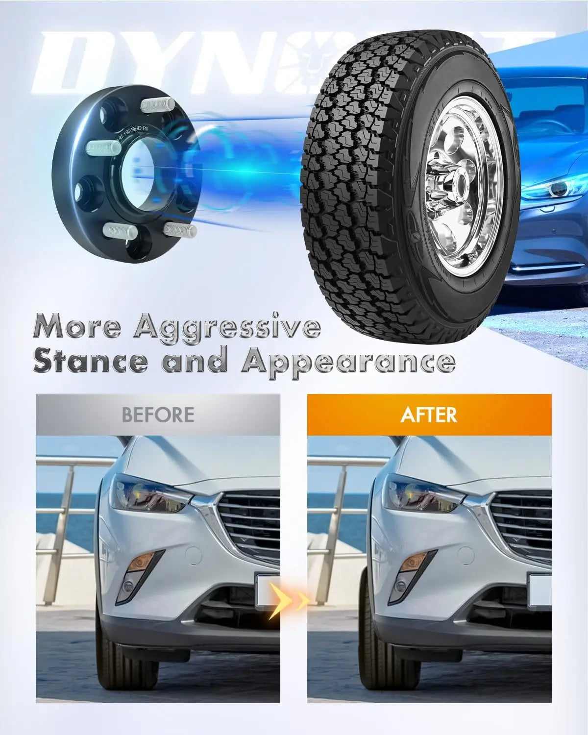 Tire with aggressive stance and appearance text, before and after comparison of car design.