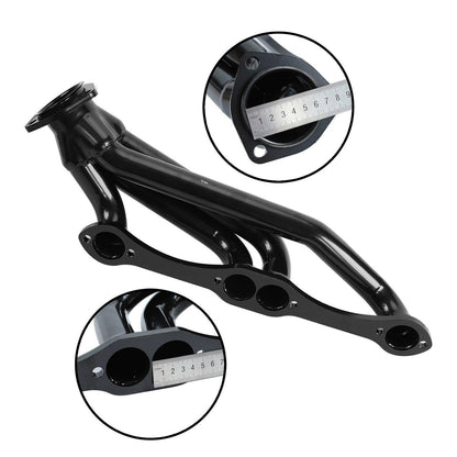 Close-up of black exhaust header pipe with ruler measuring inner diameter and flange hole spacing, highlighting precision fitment for Chevy engines.