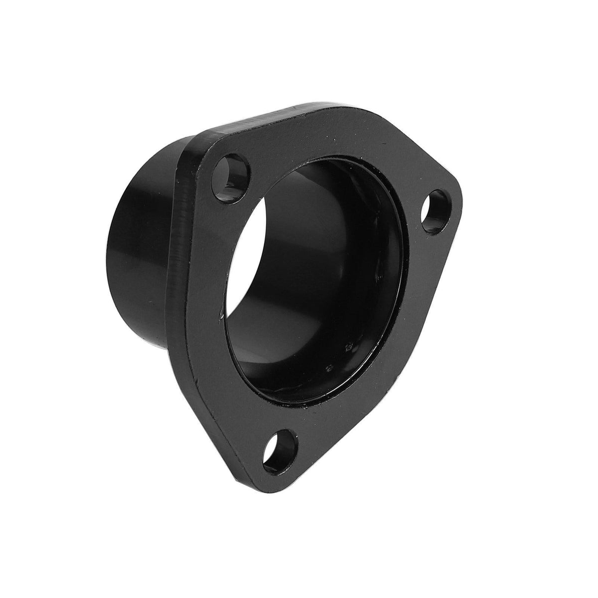 Black exhaust header flange with three bolt holes, precision-machined for secure mounting on Small Block Chevy engine.