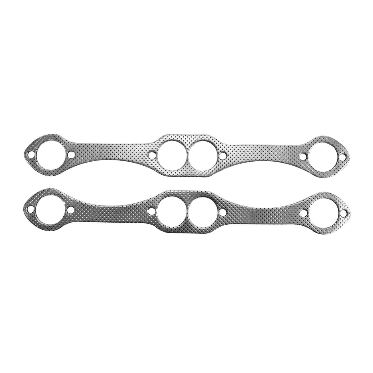 Two metallic exhaust header gaskets with oval and circular cutouts, designed for leak-free seal between header and engine block.
