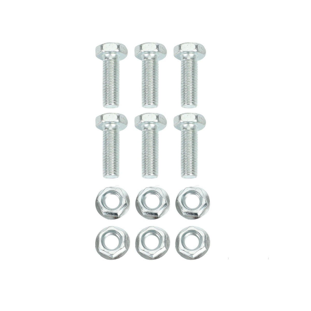 Set of silver hex bolts and nuts for exhaust header installation, corrosion-resistant hardware for secure attachment.