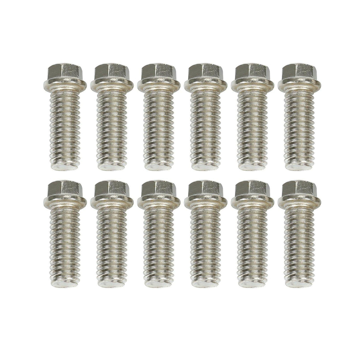 Twelve stainless steel exhaust header bolts, uniform threading for reliable fastening on Chevy small block engine headers.