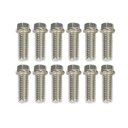 Twelve stainless steel exhaust header bolts, uniform threading for reliable fastening on Chevy small block engine headers.