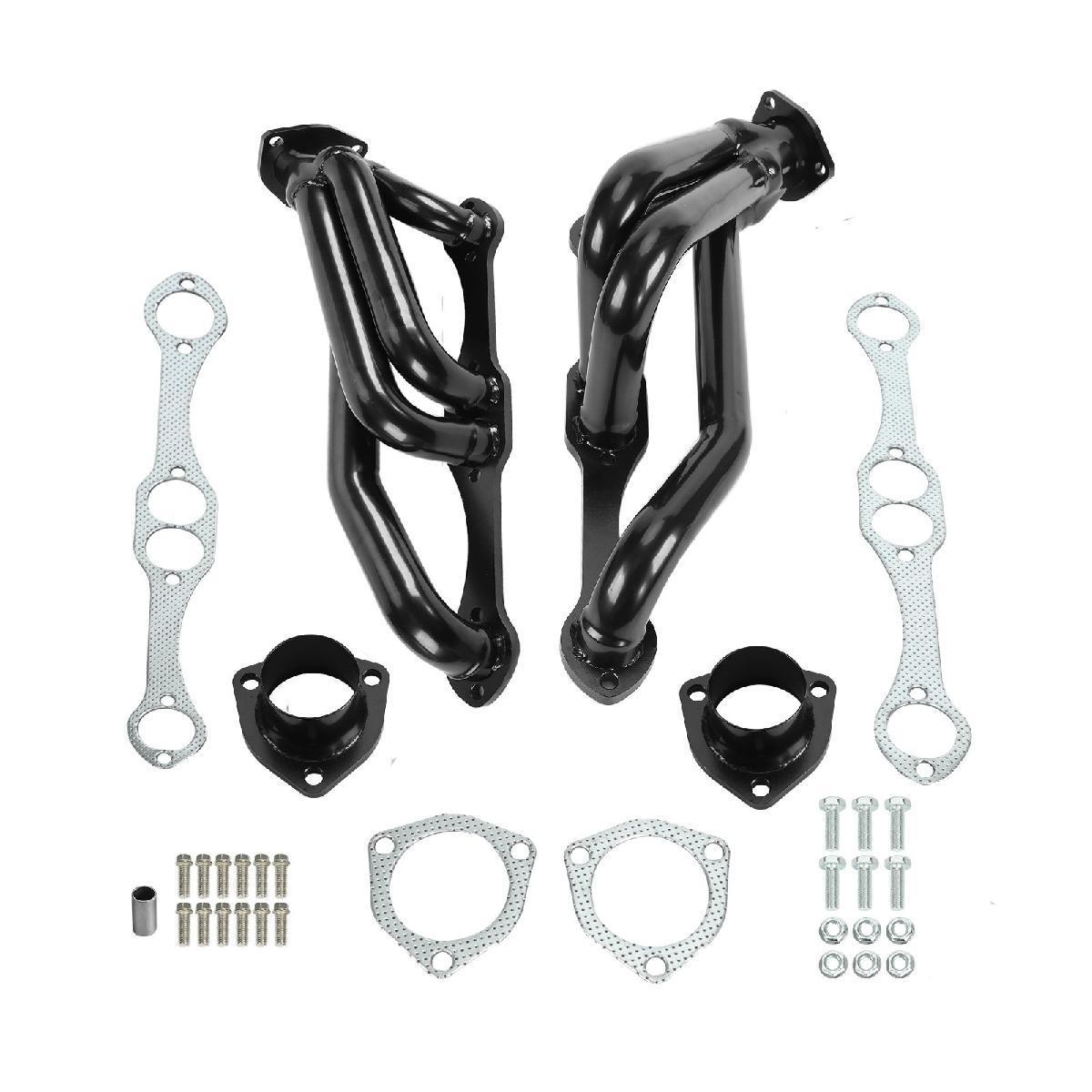 Pair of black exhaust headers with mounting flanges, gaskets, and bolts for Small Block Chevy Blazer S10 S15 283 302 350, direct bolt-on performance upgrade.