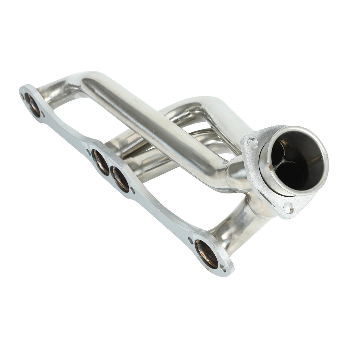 Polished stainless steel exhaust header with four - hole flange, smooth tubing design for performance.