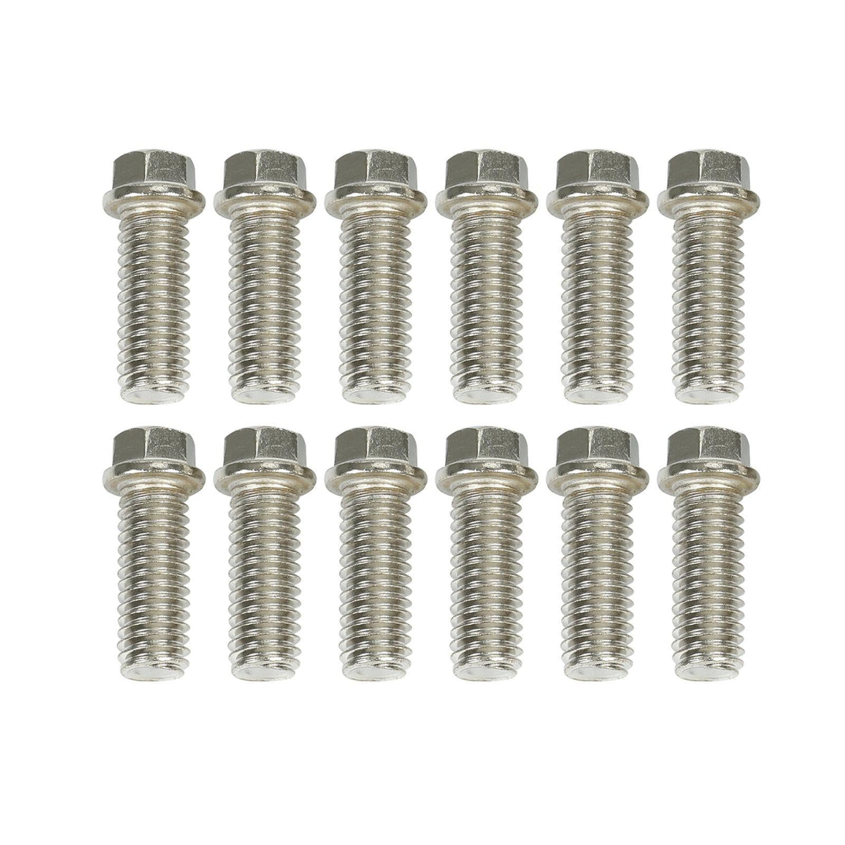 Stainless steel hex bolts, twelve pieces, for exhaust header installation, corrosion - resistant.