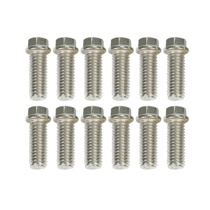 Stainless steel hex bolts, twelve pieces, for exhaust header installation, corrosion - resistant.