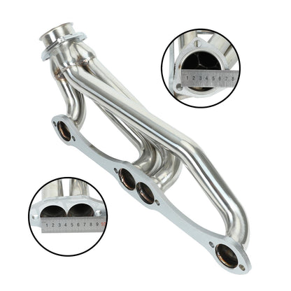 Stainless steel exhaust header with ruler close - ups showing tube diameter and flange length, precision - built for fit.