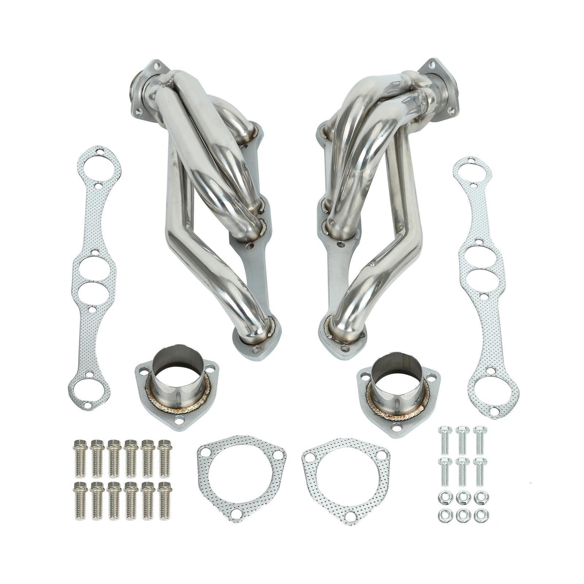 Stainless steel exhaust headers with gaskets, bolts, and flanges for Chevy 283 - 400, ready for installation.