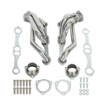 Stainless steel exhaust headers with gaskets, bolts, and flanges for Chevy 283 - 400, ready for installation.