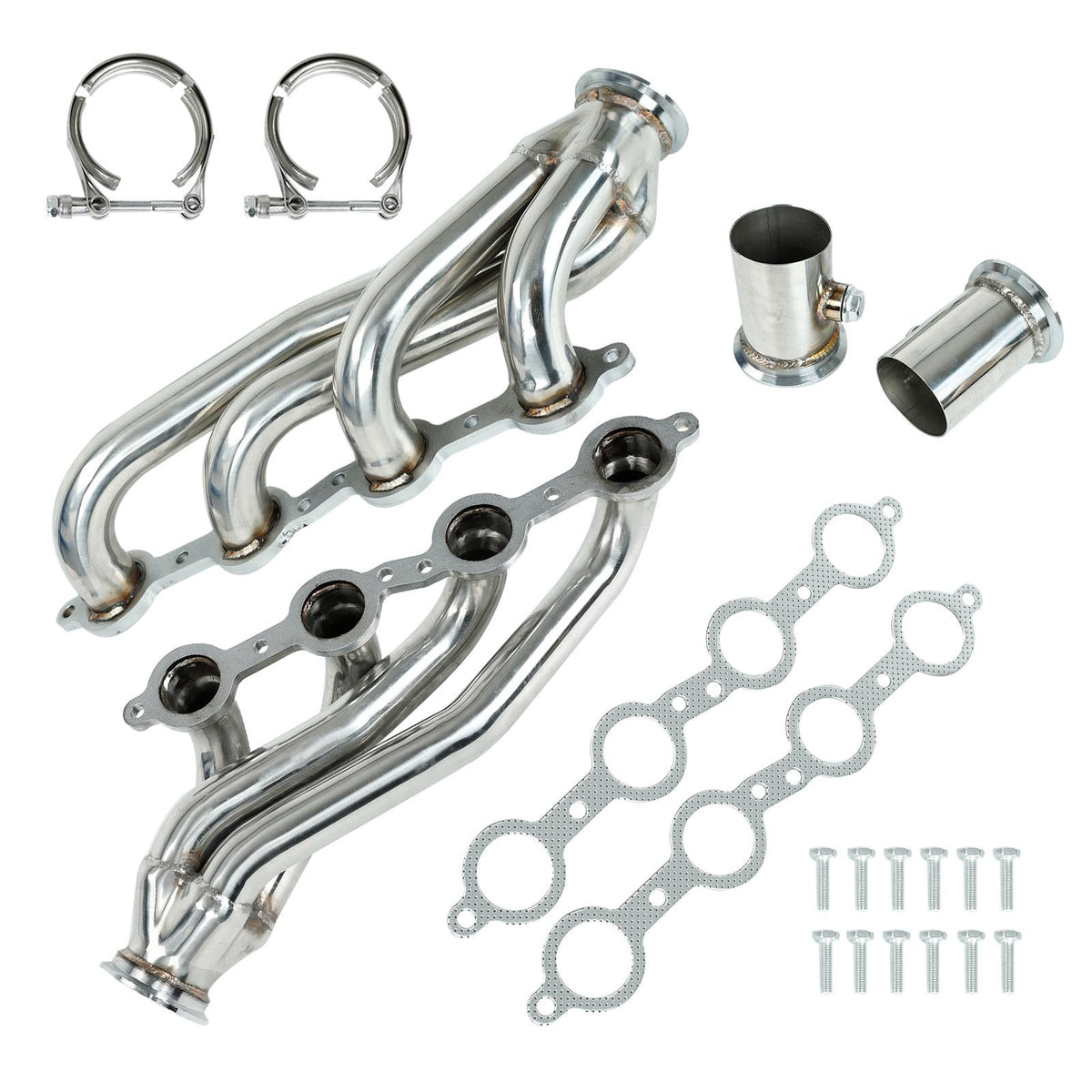 Complete LS headers kit for 1960s-1987 Chevy Camaro, Nova, Chevelle, C10, K10 & Pontiac Firebird, fits LS1 LS2 LS3 LS6 LS9 V8 motors, including tubular headers, gaskets, bolts, and clamps.
