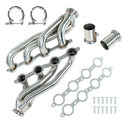 Complete LS headers kit for 1960s-1987 Chevy Camaro, Nova, Chevelle, C10, K10 & Pontiac Firebird, fits LS1 LS2 LS3 LS6 LS9 V8 motors, including tubular headers, gaskets, bolts, and clamps.