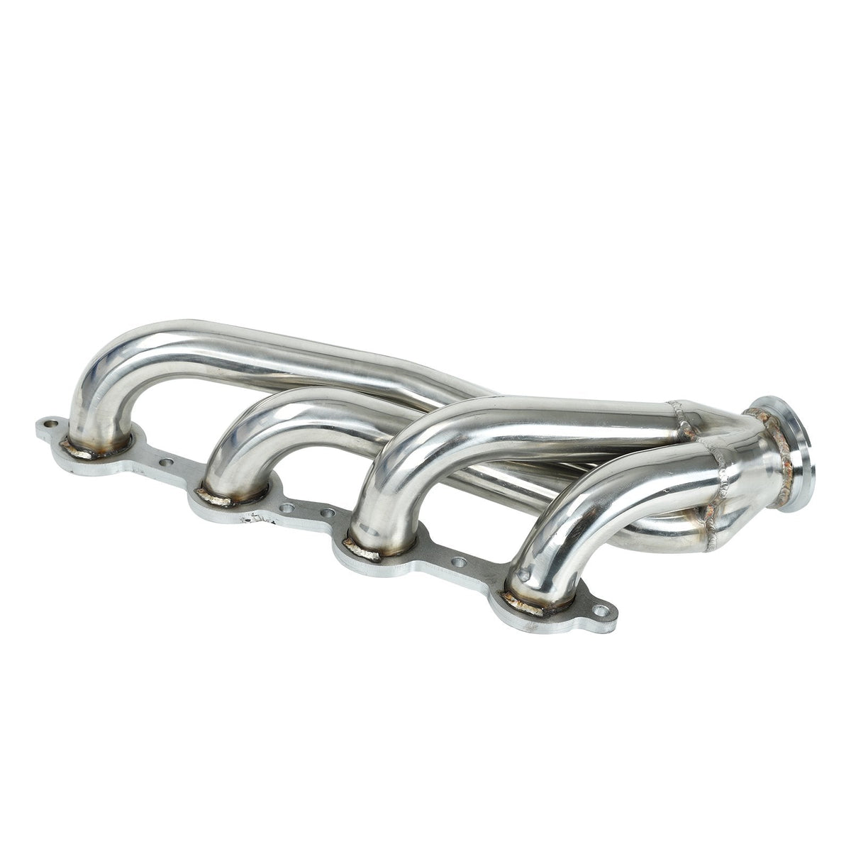 Angled view of the LS headers showcasing a polished stainless steel finish for 1960s-1987 Chevy and Pontiac models with LS V8 engines.