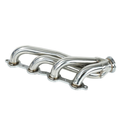 Angled view of the LS headers showcasing a polished stainless steel finish for 1960s-1987 Chevy and Pontiac models with LS V8 engines.