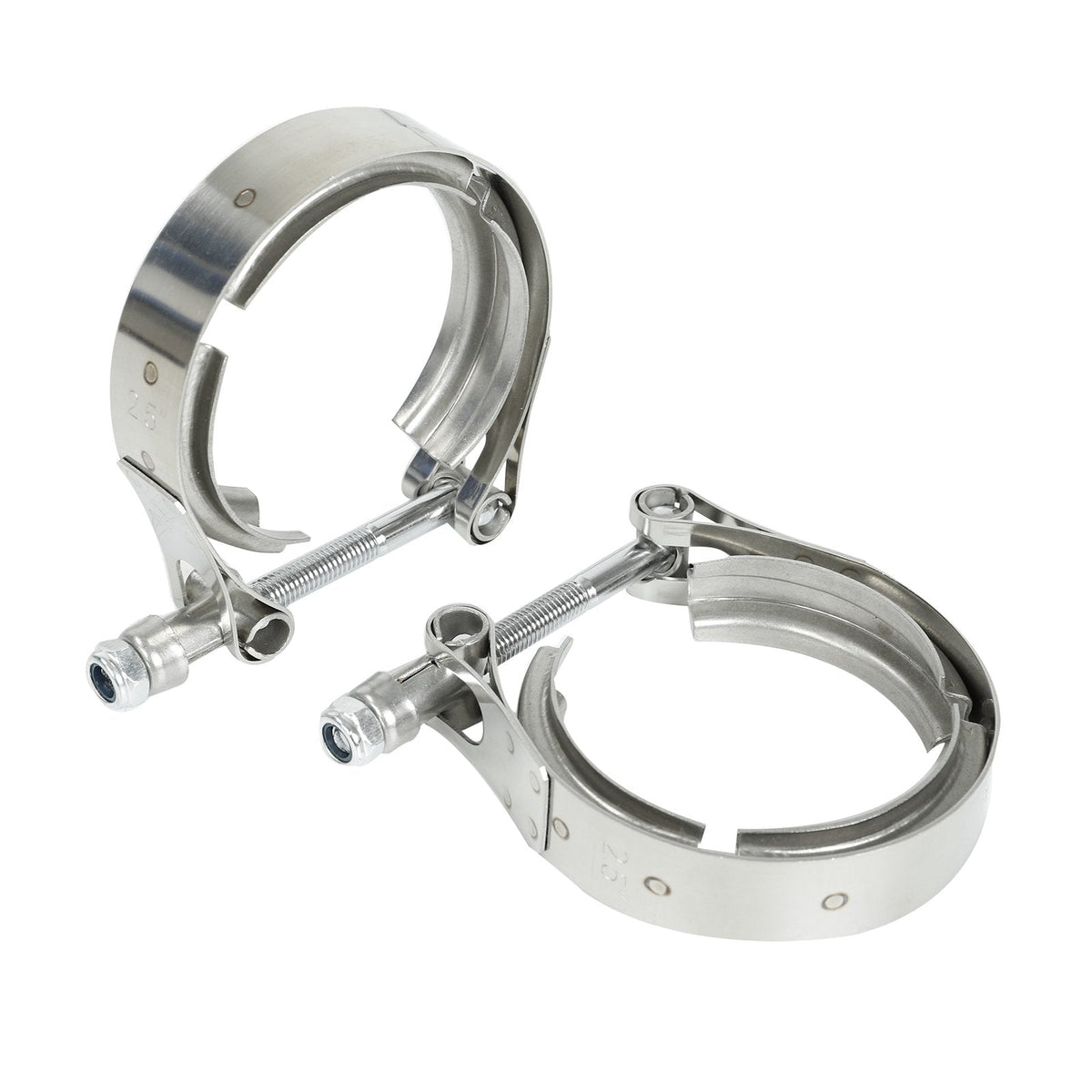 Stainless steel exhaust T-bolt clamps included in the LS headers kit for 1960s-1987 Chevy and Pontiac LS V8 installations.